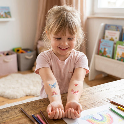 Lächelndes Mädchen zeigt Eulentaler Kindertattoos mit Schmetterlingen, Regenbogen und Herz auf beiden Unterarmen