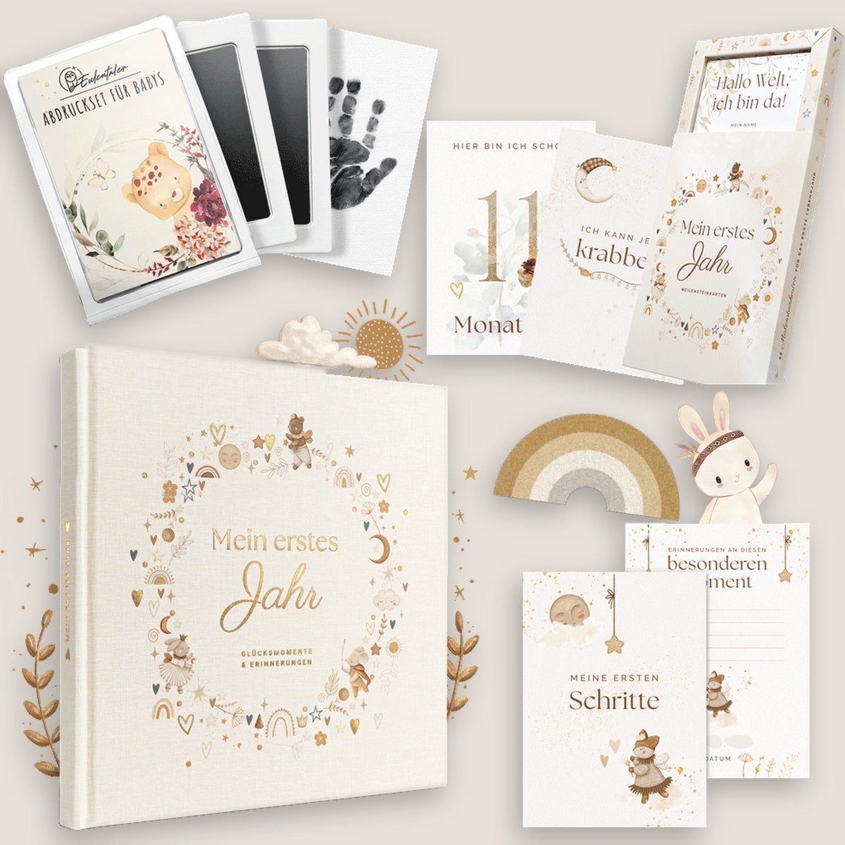 Erstes-Jahr-Set Scandi (Leinen) mit Babyalbum, Abdruckset und Meilensteinkarten