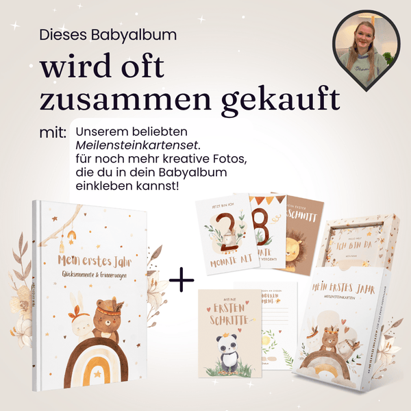 Eulentaler Babyalbum „Mein erstes Jahr“ mit passendem Meilensteinkarten-Set für kreative Babyfotos und besondere Entwicklungsschritte.
