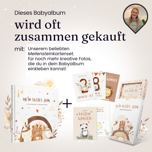 Eulentaler Babyalbum „Mein erstes Jahr“ mit passendem Meilensteinkarten-Set für kreative Babyfotos und besondere Entwicklungsschritte.
