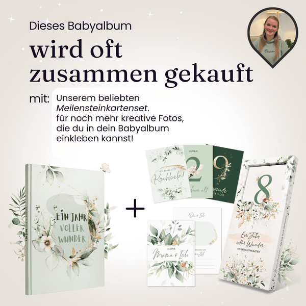Eulentaler Babyalbum „Ein Jahr voller Wunder“ mit passendem Meilensteinkarten-Set für kreative Babyfotos und besondere Entwicklungsschritte.
