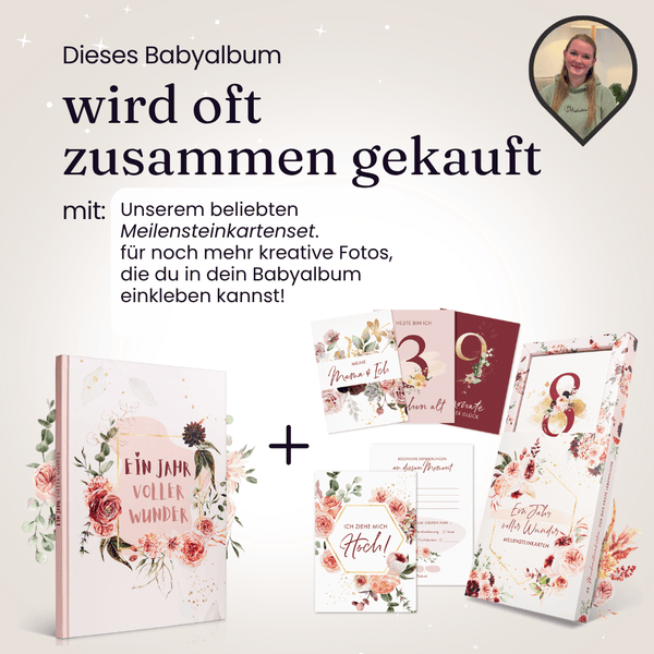 Eulentaler Babyalbum „Ein Jahr voller Wunder“ mit passendem Meilensteinkarten-Set für kreative Babyfotos und besondere Erinnerungen.
