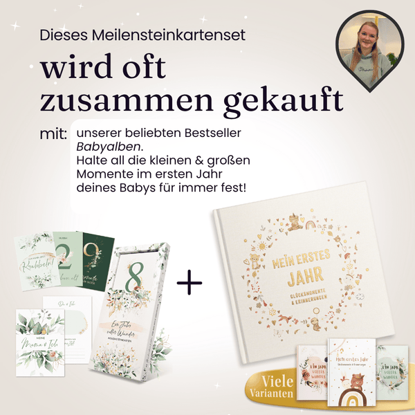 Eulentaler Meilensteinkarten für Babys zusammen mit dem Babyalbum „Mein erstes Jahr“ in verschiedenen liebevoll gestalteten Designs.
