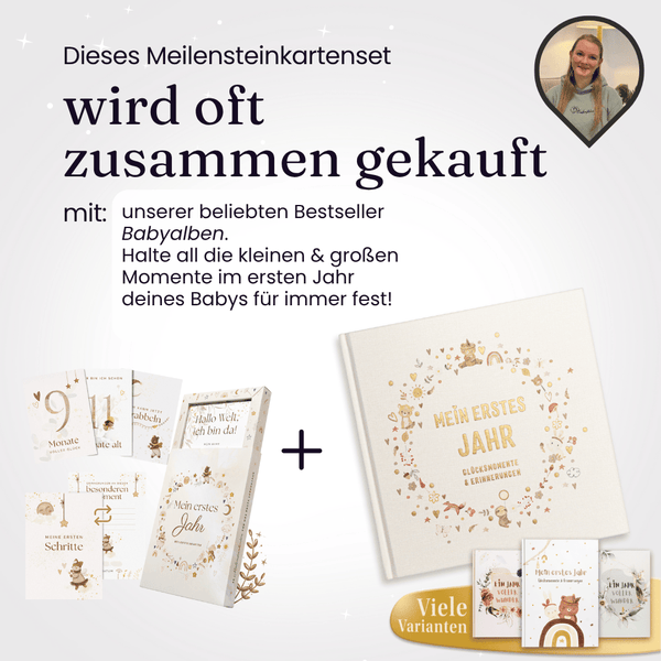 Eulentaler Meilensteinkarten für Babys zusammen mit dem Babyalbum „Mein erstes Jahr“ zum Festhalten kleiner und großer Momente im ersten Lebensjahr.
