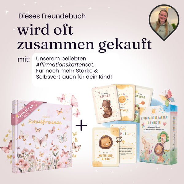 Eulentaler Schulfreundebuch mit Schmetterlings- und Blumenmotiv zusammen mit 44 Affirmationskarten für Kinder zur Stärkung von Mut und Selbstvertrauen.
