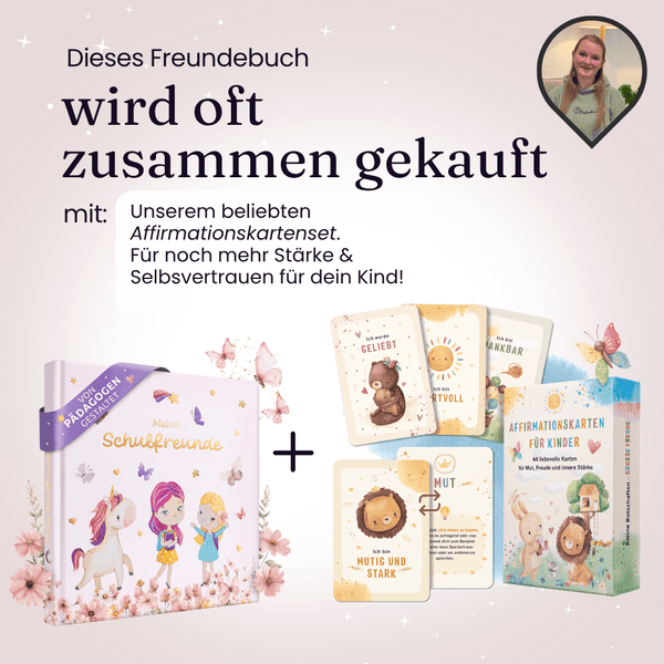Eulentaler Schulfreundebuch mit Einhorn- und Feenmotiv zusammen mit 44 Affirmationskarten für Kinder zur Stärkung von Mut und Selbstvertrauen.
