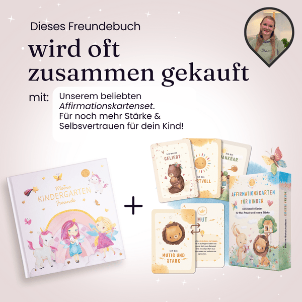 Ein Kinderbuch und ein Affirmationskarten-Set. Das Buchcover zeigt Illustrationen eines Einhorns, Feen und den Text "Meine Kindergarten Freunde". Die Affirmationskarten haben Tierillustrationen und positive Affirmationen.