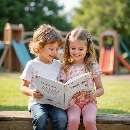 Zwei Kinder schauen gemeinsam in ein Eulentaler Kindergarten-Freundebuch auf einem Spielplatz.
