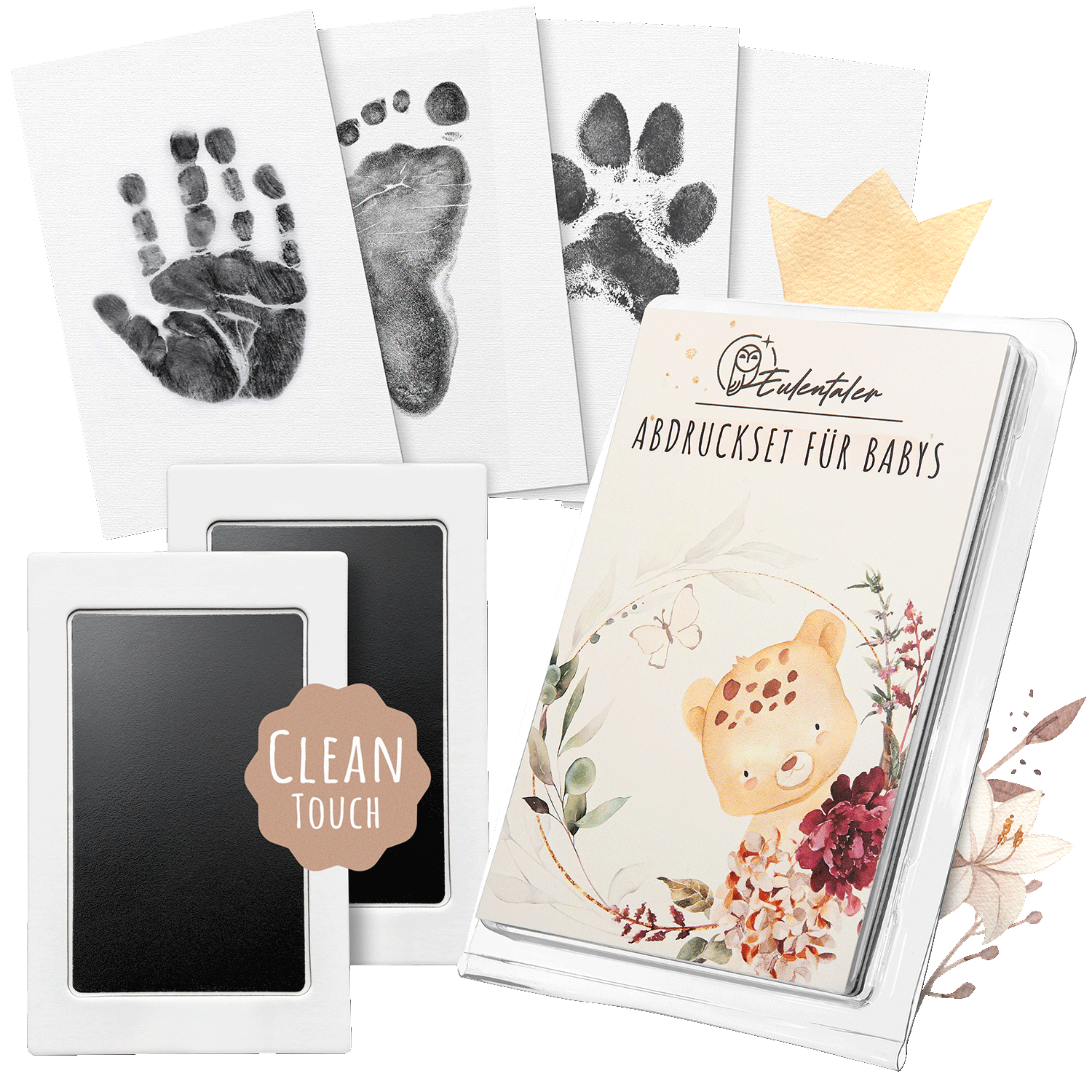 Abdruckset für Babys von Eulentaler mit Clean-Touch-Technologie, inklusive Karten für Hand- und Fußabdrücke und niedlichem Gepardenmotiv auf der Verpackung.
