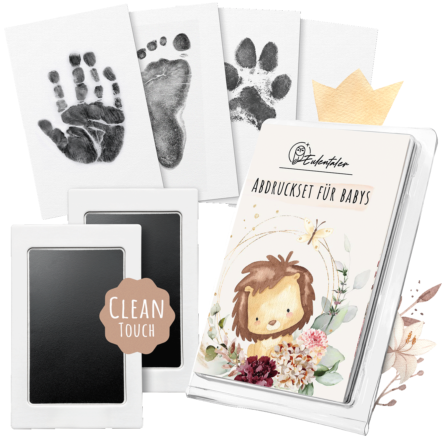 Abdruckset für Babys mit Clean-Touch-Technologie, inklusive Karten für Hand- und Fußabdrücke sowie niedlichem Löwenmotiv auf der Verpackung.