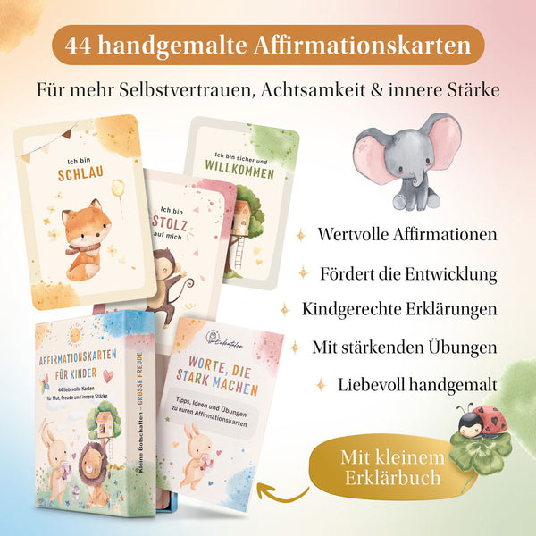 Eulentaler Affirmationskarten für Kinder mit 44 handgemalten Karten, kindgerechten Erklärungen und stärkenden Übungen für Selbstvertrauen, Achtsamkeit und innere Stärke.
