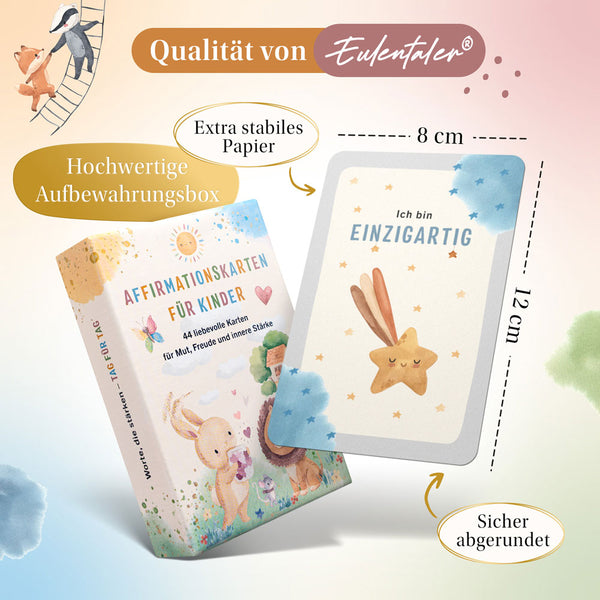 Eulentaler Affirmationskarten für Kinder in hochwertiger Aufbewahrungsbox mit 44 stabilen, sicher abgerundeten Karten im Format 8 × 12 cm.

