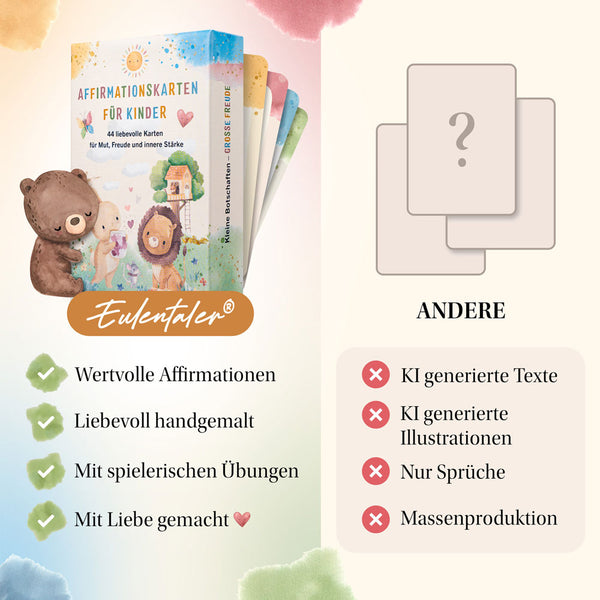 Vergleich der Eulentaler Affirmationskarten für Kinder mit liebevoll handgemalten Illustrationen, wertvollen Affirmationen und spielerischen Übungen gegenüber KI-generierten Karten anderer Anbieter.
