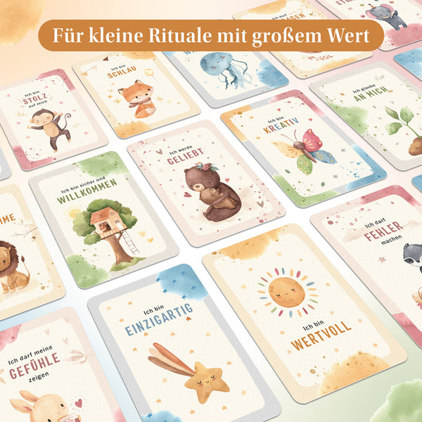 Eulentaler Affirmationskarten für Kinder mit liebevoll illustrierten Botschaften wie „Ich bin wertvoll“, „Ich bin einzigartig“ und „Ich glaube an mich“ für kleine Rituale mit großem Wert.
