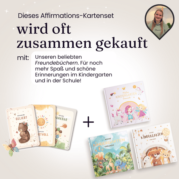 Eulentaler Affirmationskarten für Kinder mit positiven Botschaften zusammen mit Freundebüchern für Kindergarten und Schule in Einhorn-, Dino- und Waldtier-Designs.
