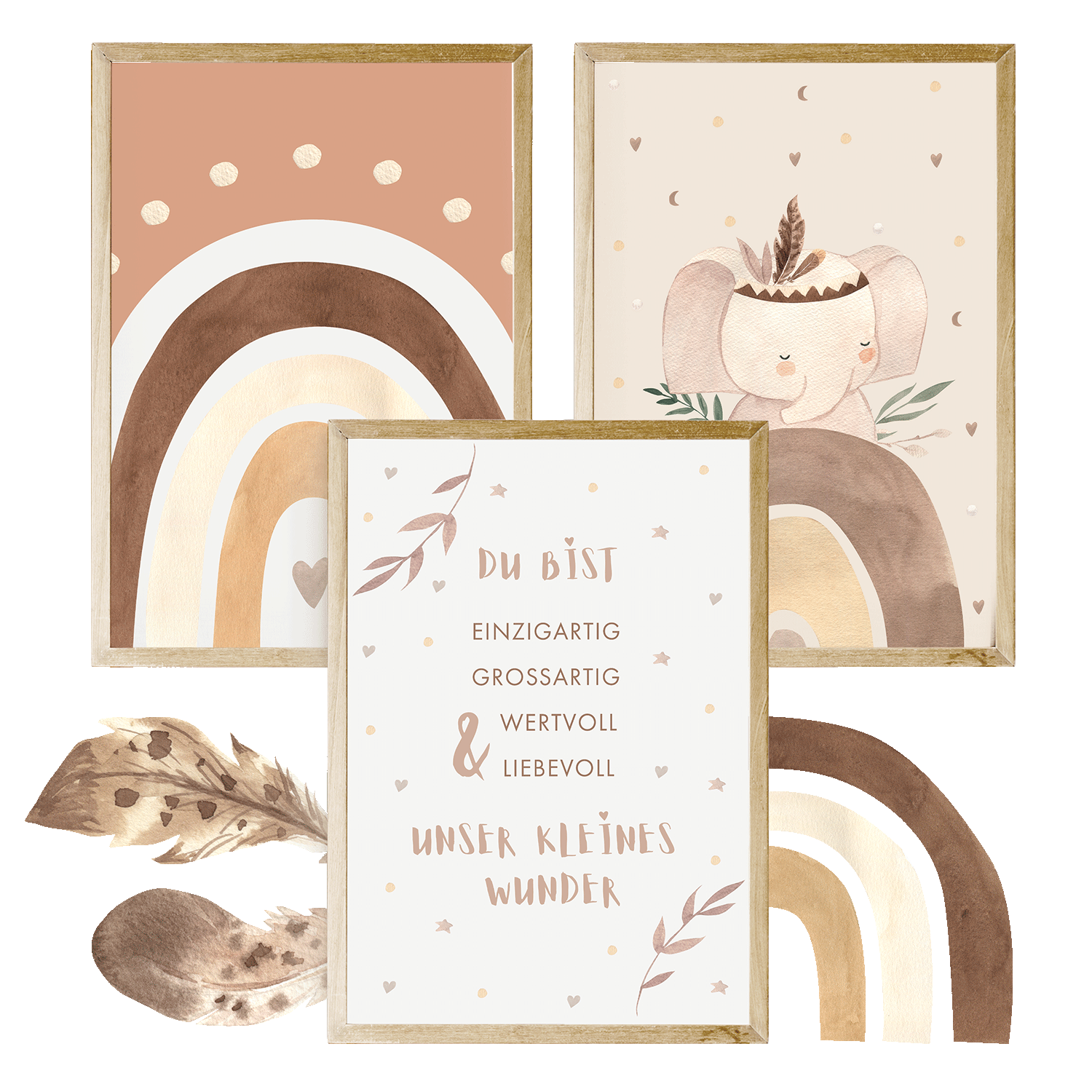 Set aus drei Kinderzimmerpostern mit Regenbogen-, Elefantenmotiven und einem liebevollen Spruch in warmen Farben, ideal zur Dekoration.