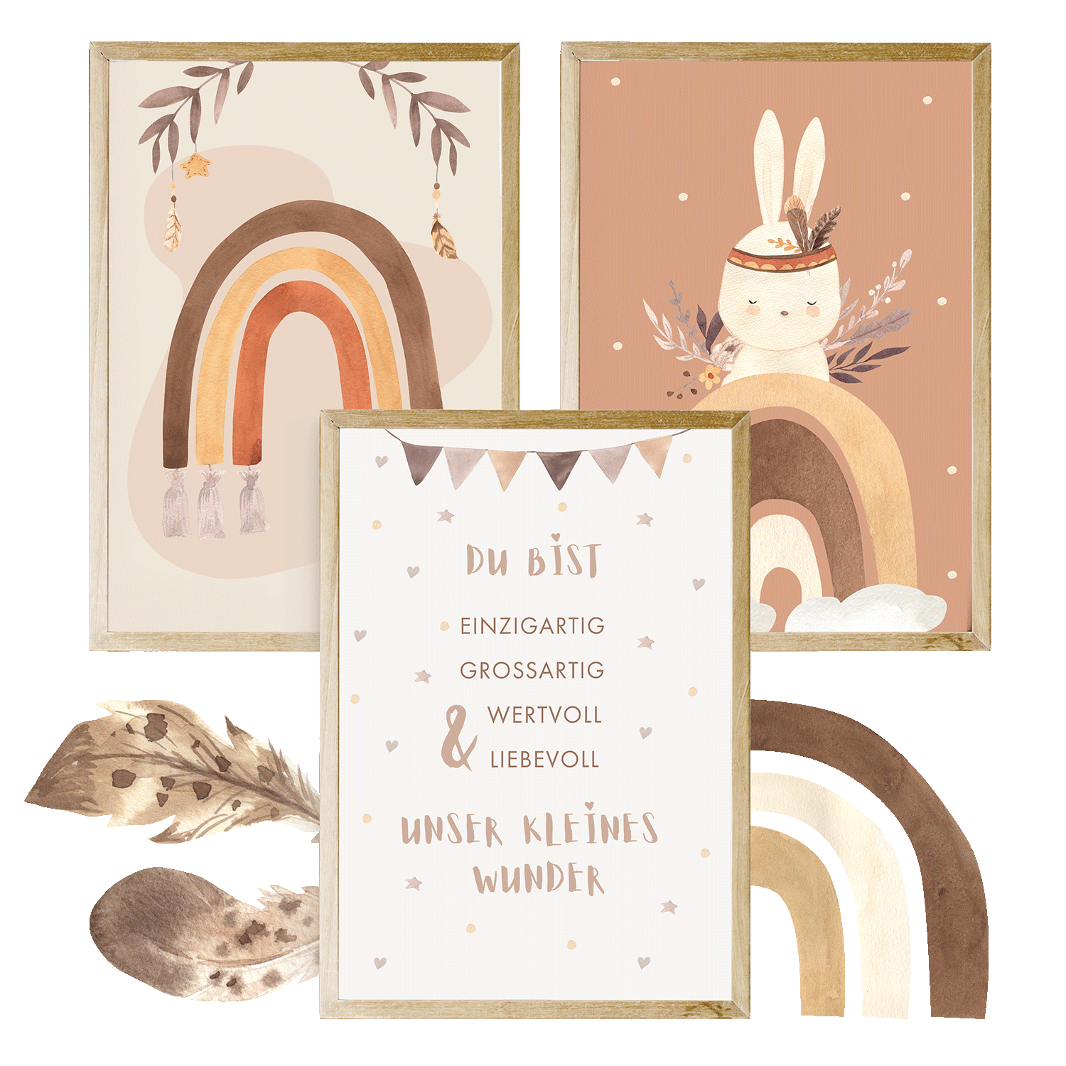Set aus drei Kinderzimmerpostern mit Regenbogen- und Hasenmotiven sowie einem liebevollen Spruch, perfekt für die Dekoration von Baby- und Kinderzimmern.