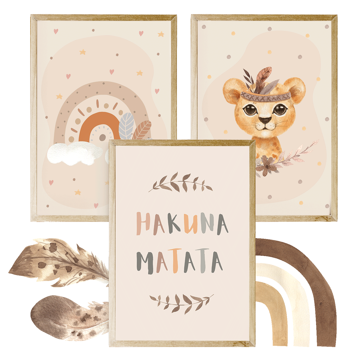 Set aus drei Kinderzimmerpostern mit Regenbogen-, Löwenmotiv und dem Schriftzug 'Hakuna Matata', in warmen Farben, ideal zur Dekoration.