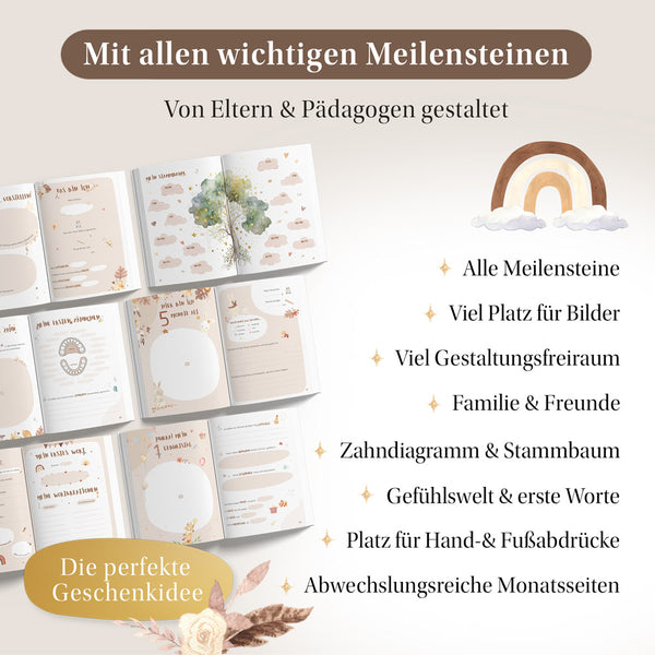 Geöffnete Seiten des Eulentaler Babytagebuchs im Boho-Design mit Meilensteinen, Stammbaum, Zahndiagramm, Gefühlswelt, ersten Worten sowie Platz für Fotos und Hand- und Fußabdrücke.
