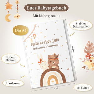 Babytagebuch 'Mein erstes Jahr' im DIN A4-Format mit Fadenheftung und Hardcover, liebevoll gestaltet auf stabilem Naturpapier mit 84 Seiten.
