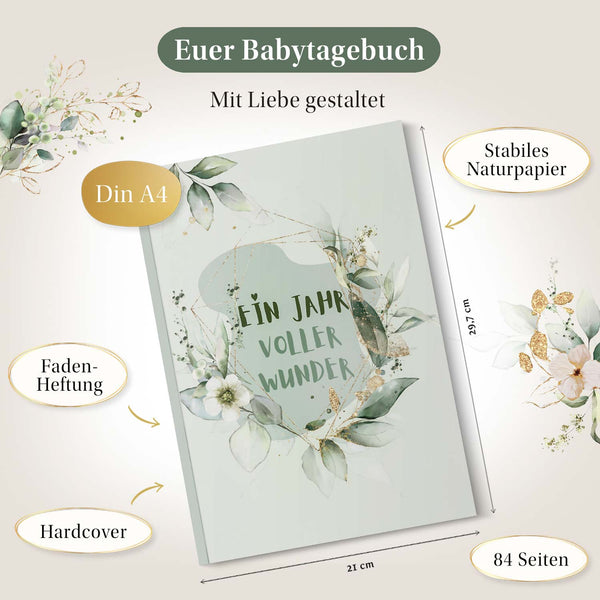 Babytagebuch 'Ein Jahr voller Wunder' - Hochwertiges, liebevoll gestaltetes Erinnerungsalbum mit 84 Seiten für besondere Momente.