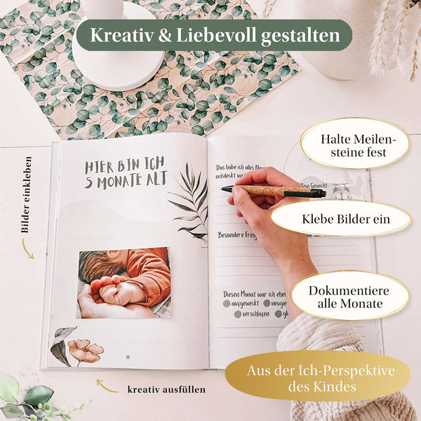 Kreatives Babytagebuch: Halte Meilensteine fest, klebe Bilder ein und dokumentiere jeden Monat mit Liebe.
