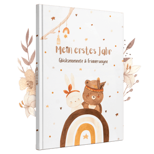 Erinnerungsalbum 'Mein erstes Jahr' mit süßen Tiermotiven, ideal zur Dokumentation von Glücksmomenten und Erinnerungen im ersten Lebensjahr.