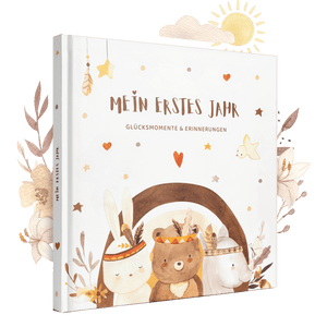 Erinnerungsalbum 'Mein erstes Jahr' - Perfekt für die ersten Glücksmomente und Erinnerungen deines Kindes, liebevoll gestaltet mit süßen Tiermotiven.