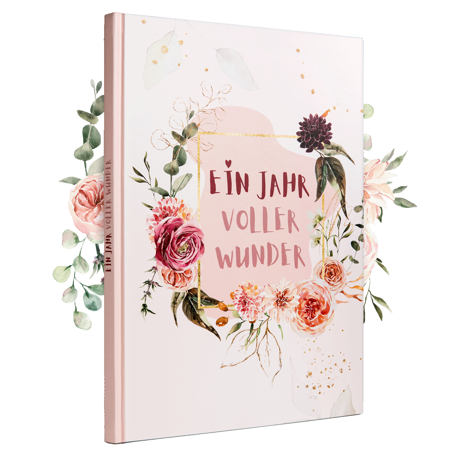 Baby-Erinnerungsalbum 'Ein Jahr voller Wunder' mit floraler Verzierung, ideal zur Dokumentation der ersten Momente im ersten Lebensjahr.