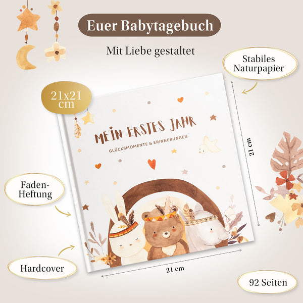 Babytagebuch 'Mein erstes Jahr' – Ein liebevoll gestaltetes Tagebuch aus stabilem Naturpapier mit 92 Seiten, ideal zur Dokumentation der schönsten Momente deines Babys.