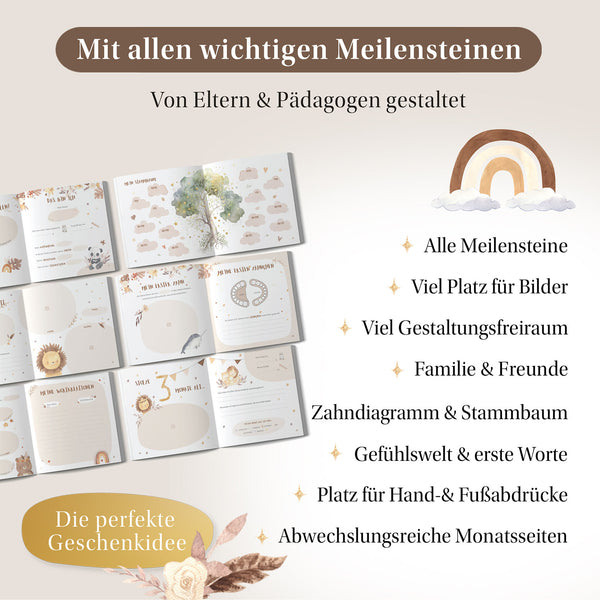 Ein Baby-Meilenstein-Erinnerungsbuch mit offenen Seiten, mit Illustrationen eines Baumes, Wolken und eines Mondes. Der Text enthält "Mit allen wichtigen Meilensteinen" und "Die perfekte Geschenkidee".