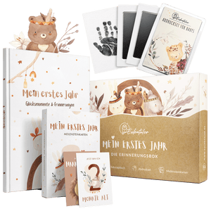 Erinnerungsbox-Set 'Mein erstes Jahr' mit Babytagebuch, Meilensteinkarten und Abdruckset für Babys in einem niedlichen Design mit Tierillustrationen.
