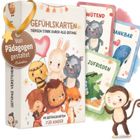 Verpackung der Eulentaler Gefühlskarten mit 44 Karten für Kinder und illustrierten Tiermotiven zu Gefühlen wie wütend, dankbar und zufrieden