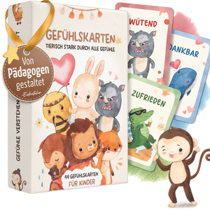 Verpackung der Eulentaler Gefühlskarten mit 44 Karten für Kinder und illustrierten Tiermotiven zu Gefühlen wie wütend, dankbar und zufrieden