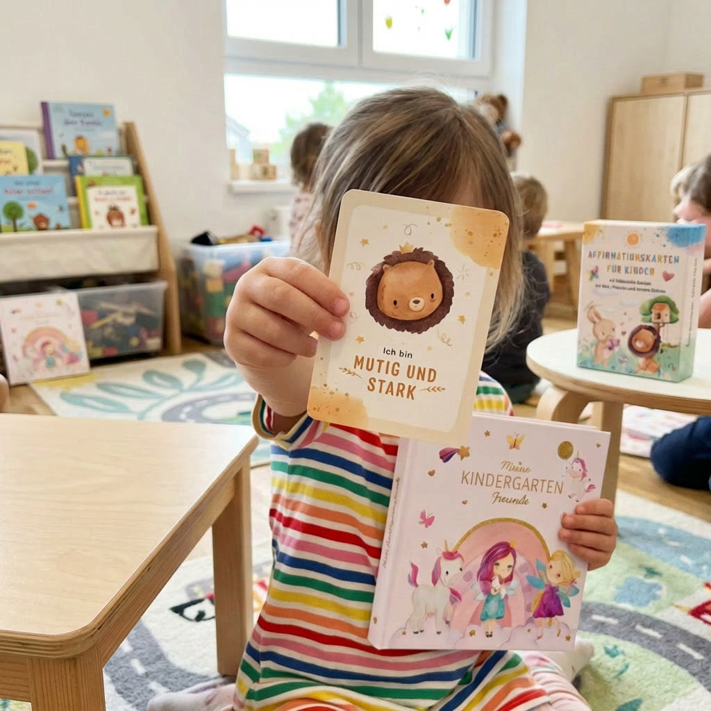Kindergartenkind hält das Eulentaler Einhorn-Freundebuch und die Affirmationskarte „Ich bin mutig und stark“ in einer Kindergartengruppe