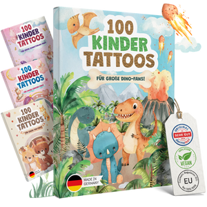 Übersicht der Eulentaler Kindertattoos mit verschiedenen Dinosauriern, Vulkan, Meteoriten, Dino-Eiern und Fußspuren für Kinder