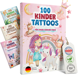 Übersicht der Eulentaler Kindertattoos mit Einhörnern, Regenbögen, Sternen, Herzen und Schmetterlingen für Kinder