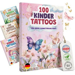 Übersicht der Eulentaler Kindertattoos mit Schmetterlingen, Regenbögen, Herzen, Blumen und Sternen für Kinder