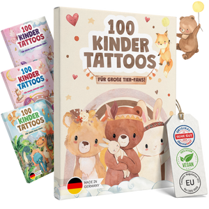Übersicht der Eulentaler Kindertattoos mit Löwe, Elefant, Giraffe, Affe, Panda und weiteren Tiermotiven für Kinder