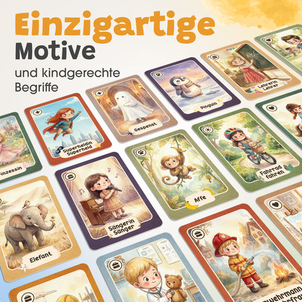 Illustrierte Karten des Eulentaler Pantomimespiels für Kinder mit Motiven wie Pinguin, Gespenst, Affe, Elefant und Feuerwehrmann