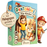 Verpackung des Eulentaler Pantomimespiels für Kinder ab 4 Jahren mit 50 Karten, liebevollen Illustrationen und Hinweis „Von Pädagogen gestaltet“