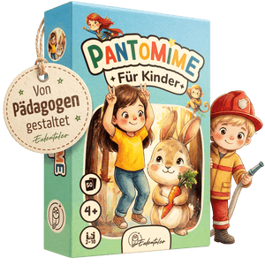 Verpackung des Eulentaler Pantomimespiels für Kinder ab 4 Jahren mit 50 Karten, liebevollen Illustrationen und Hinweis „Von Pädagogen gestaltet“