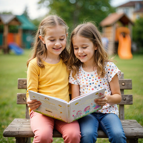 Zwei Mädchen schauen gemeinsam in ein Eulentaler Kindergarten-Freundebuch auf einer Bank am Spielplatz.
