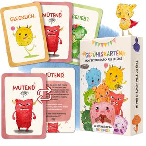 Eulentaler Gefühlskarten für Kinder mit 44 illustrierten Monsterkarten zu Gefühlen wie glücklich, wütend und geliebt sowie kindgerechten Erklärungen auf der Rückseite.
