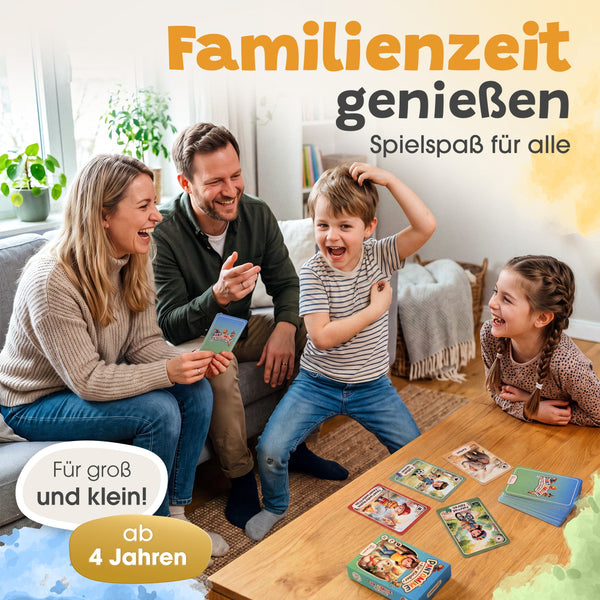 Familie spielt gemeinsam das Eulentaler Pantomime-Spiel für Kinder ab 4 Jahren und genießt spielerische Familienzeit mit viel Spaß.
