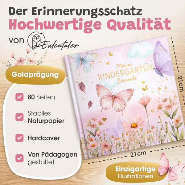 Geöffnetes Eulentaler Kindergarten-Freundebuch mit Schmetterlingen und Blumen und liebevoll illustrierten Freundeseiten zum Ausfüllen