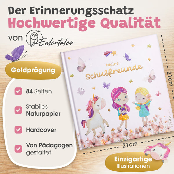 Eulentaler Schulfreundebuch „Meine Schulfreunde“ mit Einhorn, zwei Mädchen, Schmetterlingen und Blumen auf rosa Hardcover; 21 × 21 cm, 84 Seiten, Goldprägung, stabiles Naturpapier und von Pädagogen gestaltet.

