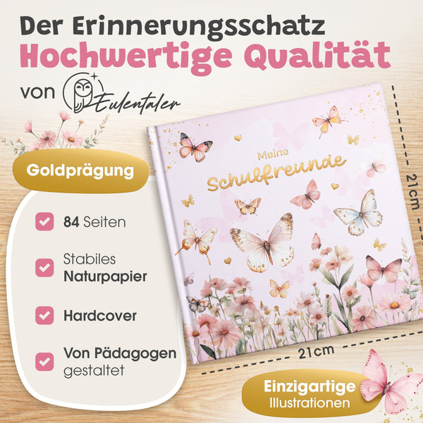 Eulentaler Schulfreundebuch „Meine Schulfreunde“ im rosa Schmetterlingsdesign mit goldener Schrift, Hardcover, handgemalten Illustrationen und 84 Seiten im Format 21 × 21 cm.
