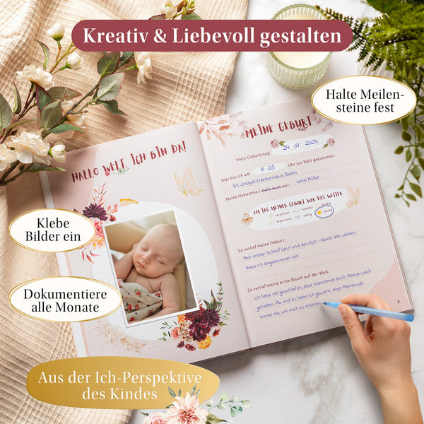Geöffnetes Eulentaler Babytagebuch mit eingeklebtem Babyfoto und ausgefüllter Geburtsseite zum kreativen Festhalten aller Meilensteine und Monate aus der Ich-Perspektive des Kindes.
