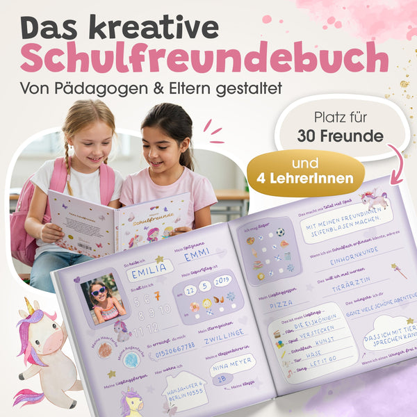 Mehrere geöffnete Freundebuch-Doppelseiten in Rosa und Blau mit Einhorn-, Regenbogen- und Feenmotiven sowie Feldern für Name, Geburtstag, Sternzeichen, Lieblingsessen, Hobbys und persönliche Wünsche; darüber der Hinweis „Einzigartige Designs auf jeder Seite“.
